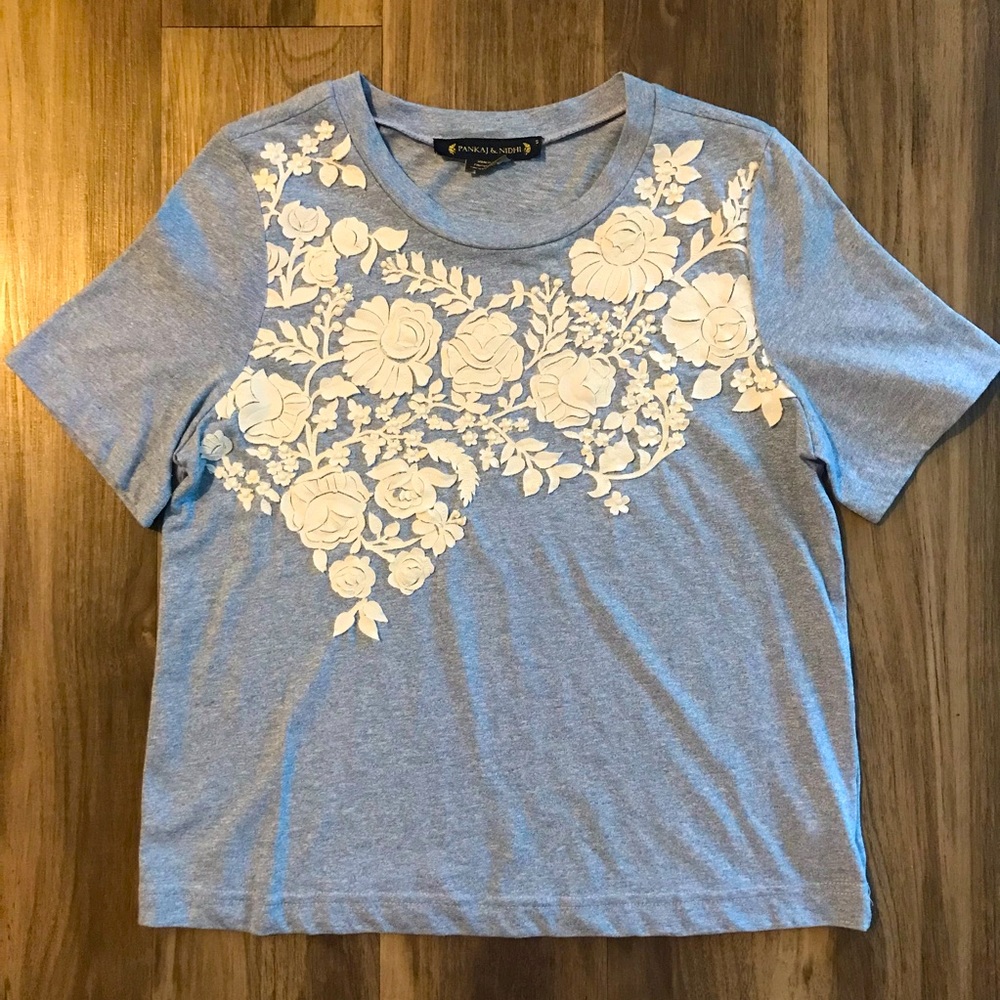Anthropologie White Floral Appliqué Tee